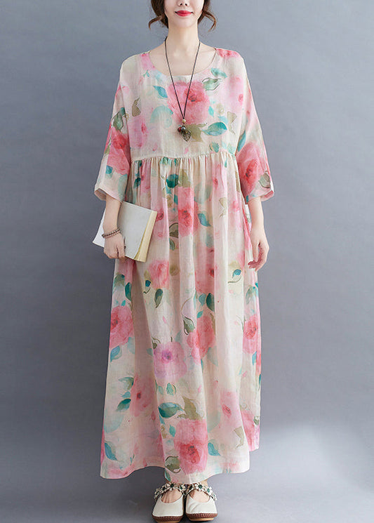 O-neck Cinched Print Vacation Dress Three Quarter Sleeve