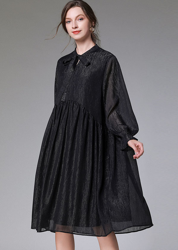 Black O-neck Patchwork Wrinkled Chiffon Mid Dresses Long Sleeve