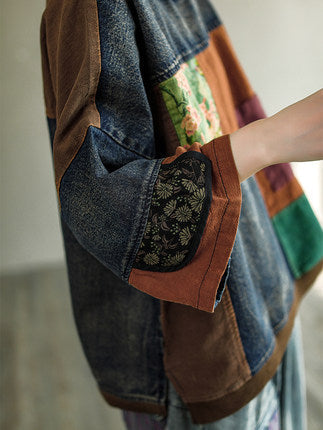 Print Denim Panel Doll Sleeve T-shirt