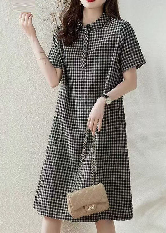 Grey Peter Pan Collar Plaid Linen Vacation Dress Summer