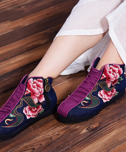 Embroideried Zippered Splicing Boots Red Linen Fabric Ankle Boots