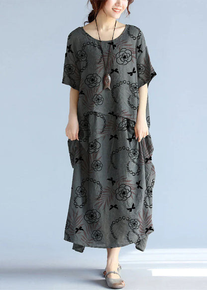 Baggy Gray Long Linen Dresses Oversized Layered Cotton Maxi Dress Short Sleeve Cotton Clothing
