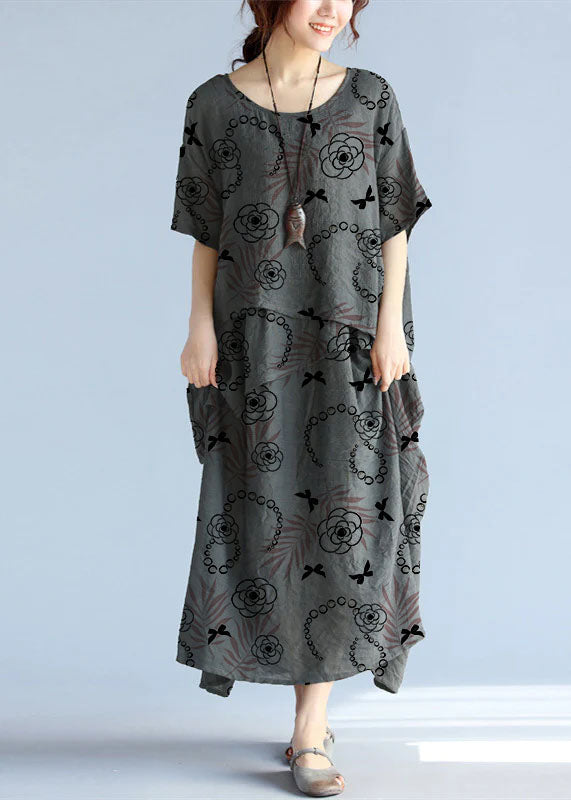 Baggy Gray Long Linen Dresses Oversized Layered Cotton Maxi Dress Short Sleeve Cotton Clothing