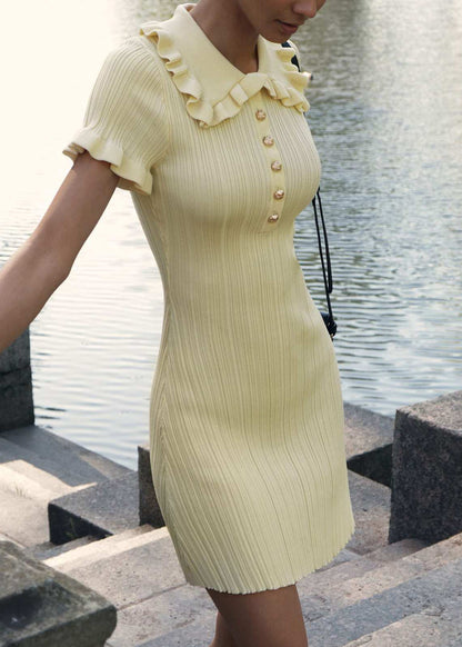 Slim Fit Yellow Peter Pan Collar Ruffled Knit Dresses Summer