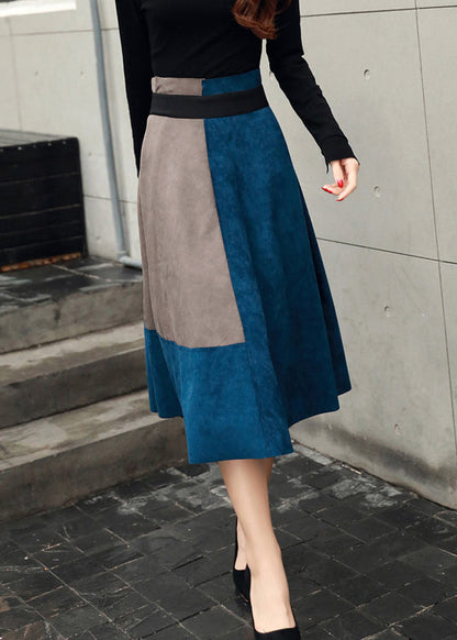 Blue Zippered High Waist Patchwork Faux Suede Skirts Fall
