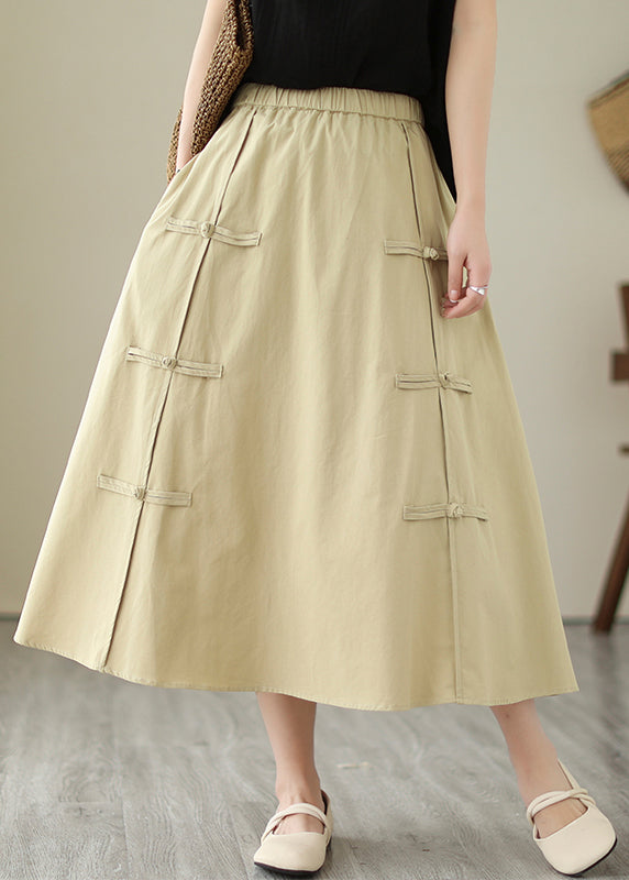 Style Khaki Chinese Button Cotton a Line Skirt Summer