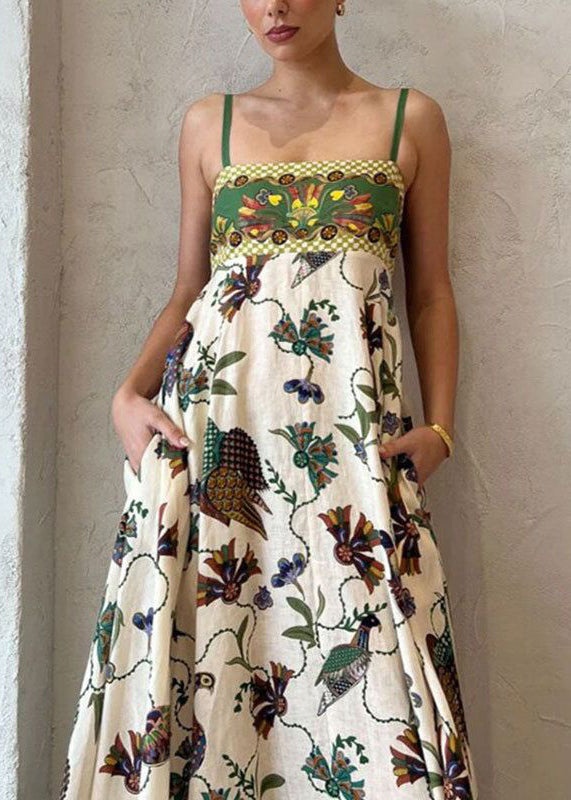 Green Print Pockets Patchwork Cotton Spaghetti Strap Dress Sleeveless