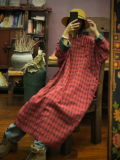 Stand Collar Button Cotton Robe Dress