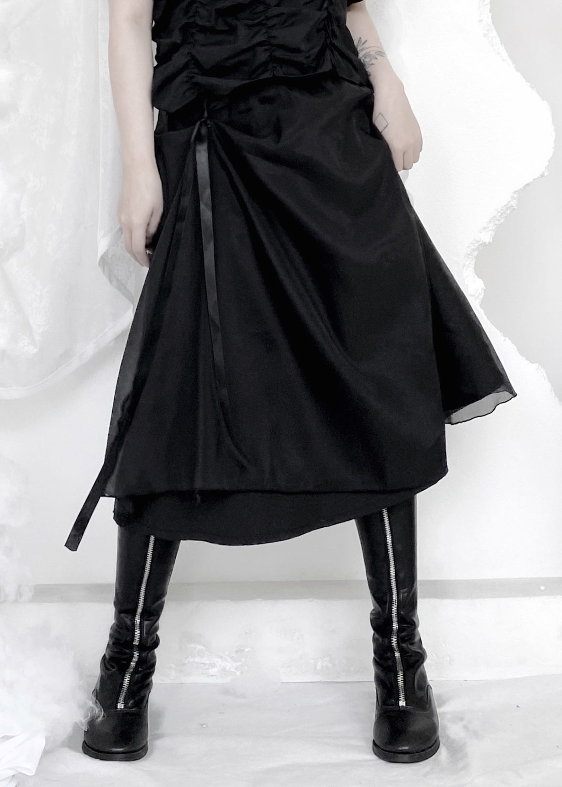Organic Black Patchwork Wrinkled Tie Waist Tulle a Line Skirts Summer