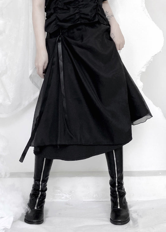Organic Black Patchwork Wrinkled Tie Waist Tulle a Line Skirts Summer