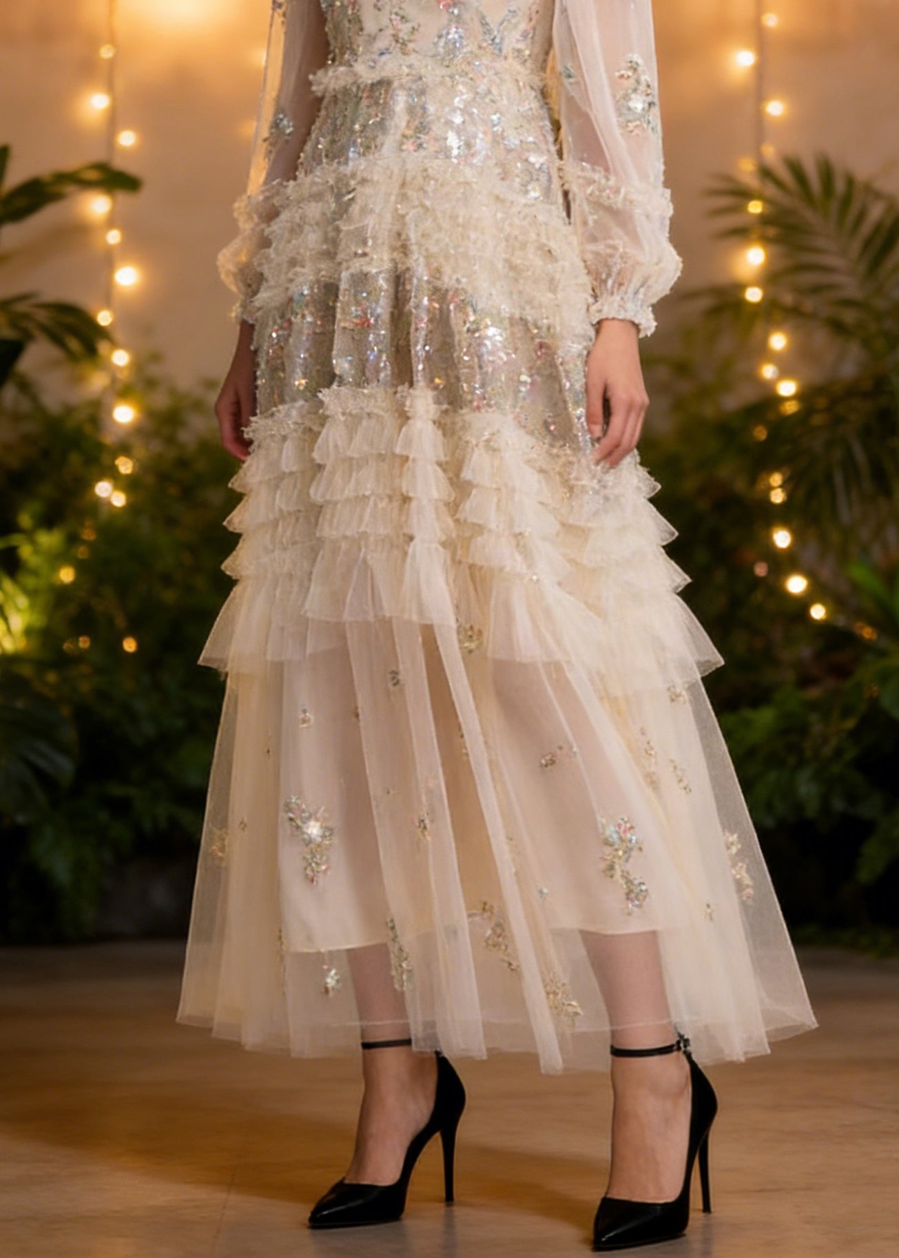 Apricot Embroidered Ruffled Patchwork Tulle Long Dresses Spring