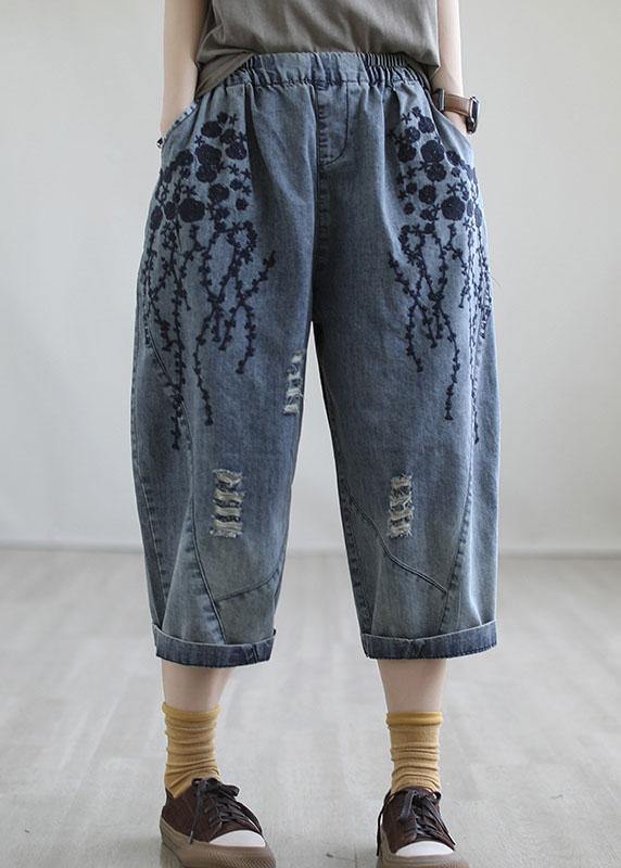 Blue Embroidered Summer Denim Pants