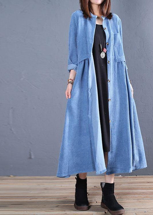 Corduroy Blended Light Blue O Neck Pockets Coat for Woman