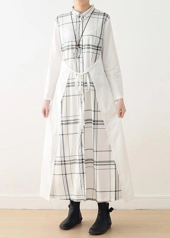 Organic White Plaid Cotton Long Shirts Drawstring Art Summer Dresses