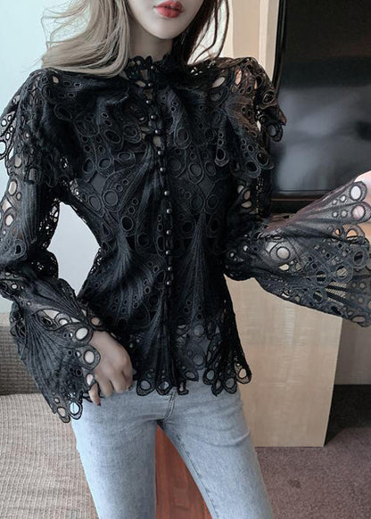 White Turtleneck Embroidered Lace Shirts Flare Sleeve