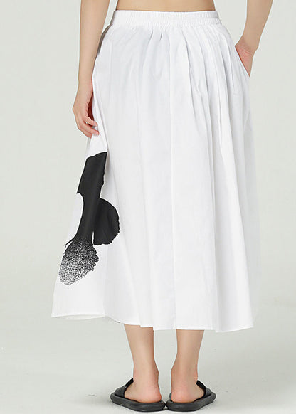 White Print Cotton a Line Skirts Elastic Waist Oversized Summer