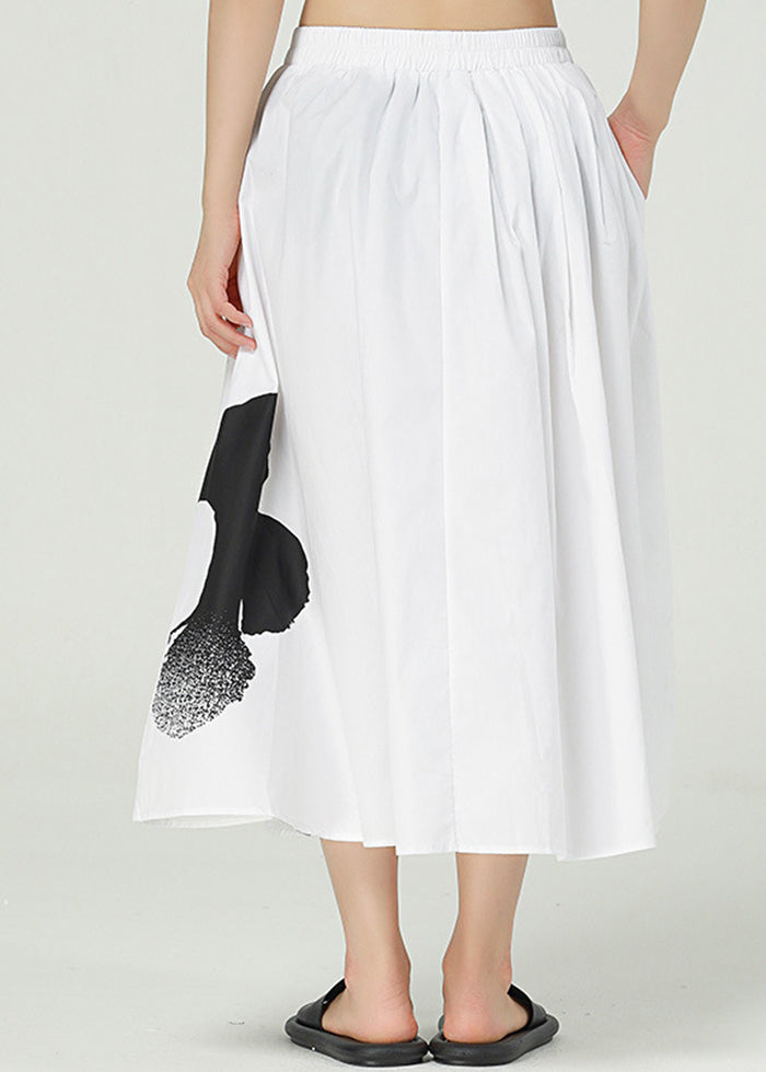 White Print Cotton a Line Skirts Elastic Waist Oversized Summer