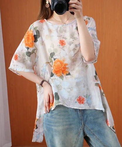 Diy Orange Print Clothes O Neck Asymmetric Art Summer Tops