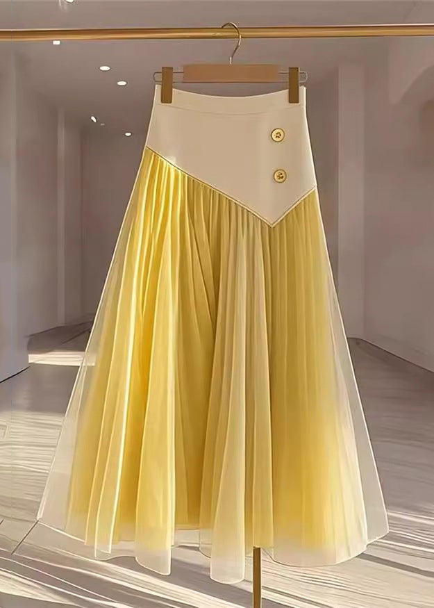 Yellow High Waist Wrinkled Patchwork Tulle Skirt Fall