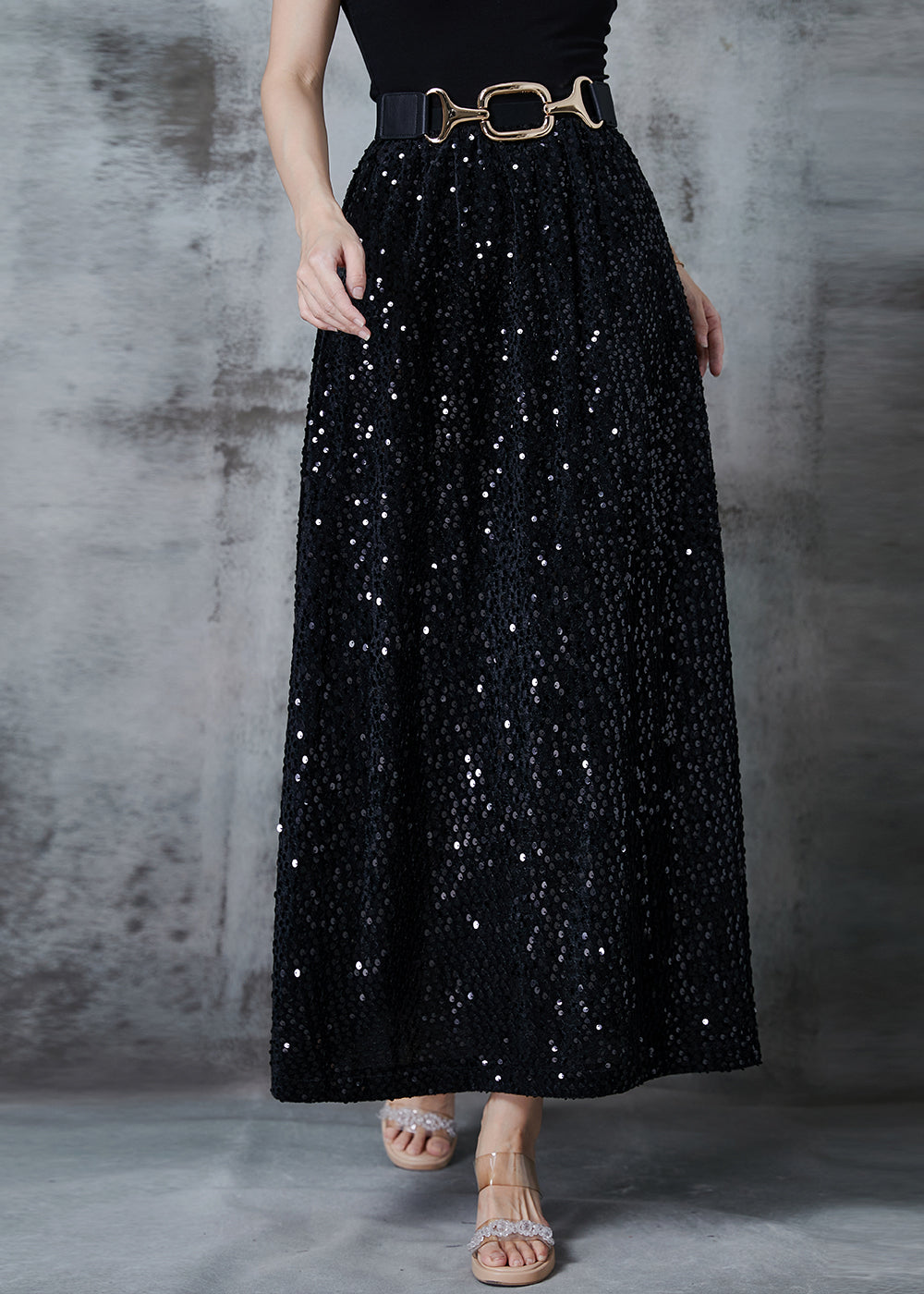 Stylish Black Sequins Cotton a Line Skirts Spring