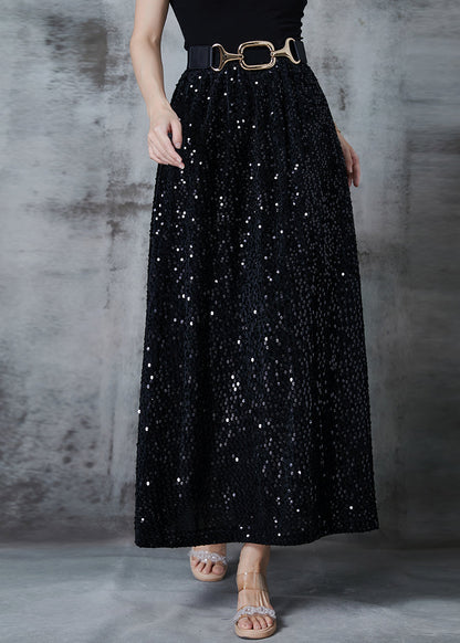 Stylish Black Sequins Cotton a Line Skirts Spring