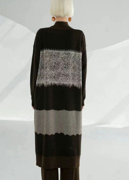 Unique Coffee Green V Neck Patchwork Print Wool Knit Cardigan Long Sleeve
