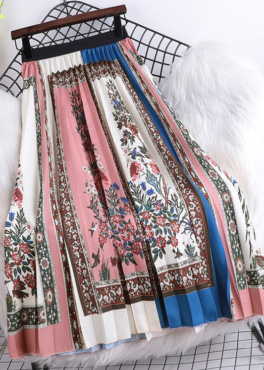 Pink Striped Print Chiffon Pleated Skirts Spring