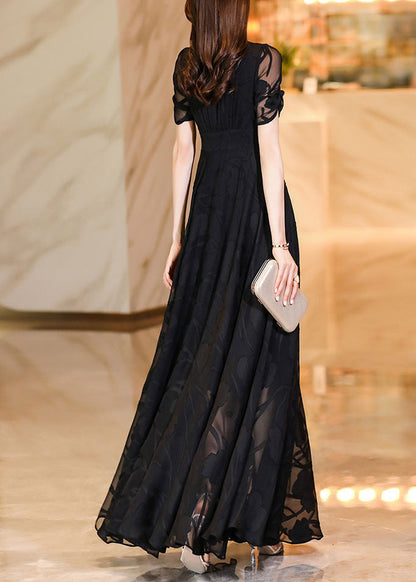 Black V Neck High Waist Tulle Patchwork Chiffon Long Dress Summer