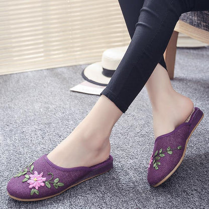 Khaki Embroidered Linen Fabric Slippers Shoes