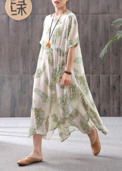 French Linen Clothes for Cotton Linen Print Round Neck Dress