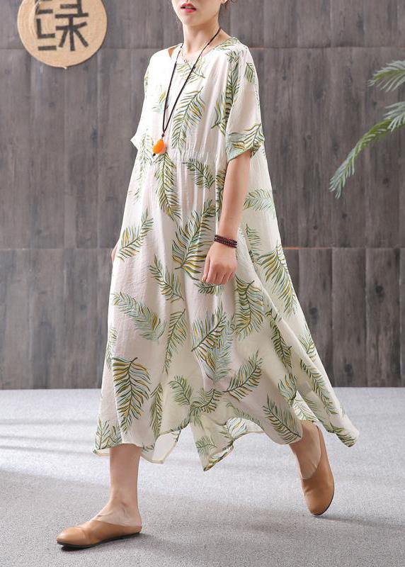 French Linen Clothes for Cotton Linen Print Round Neck Dress