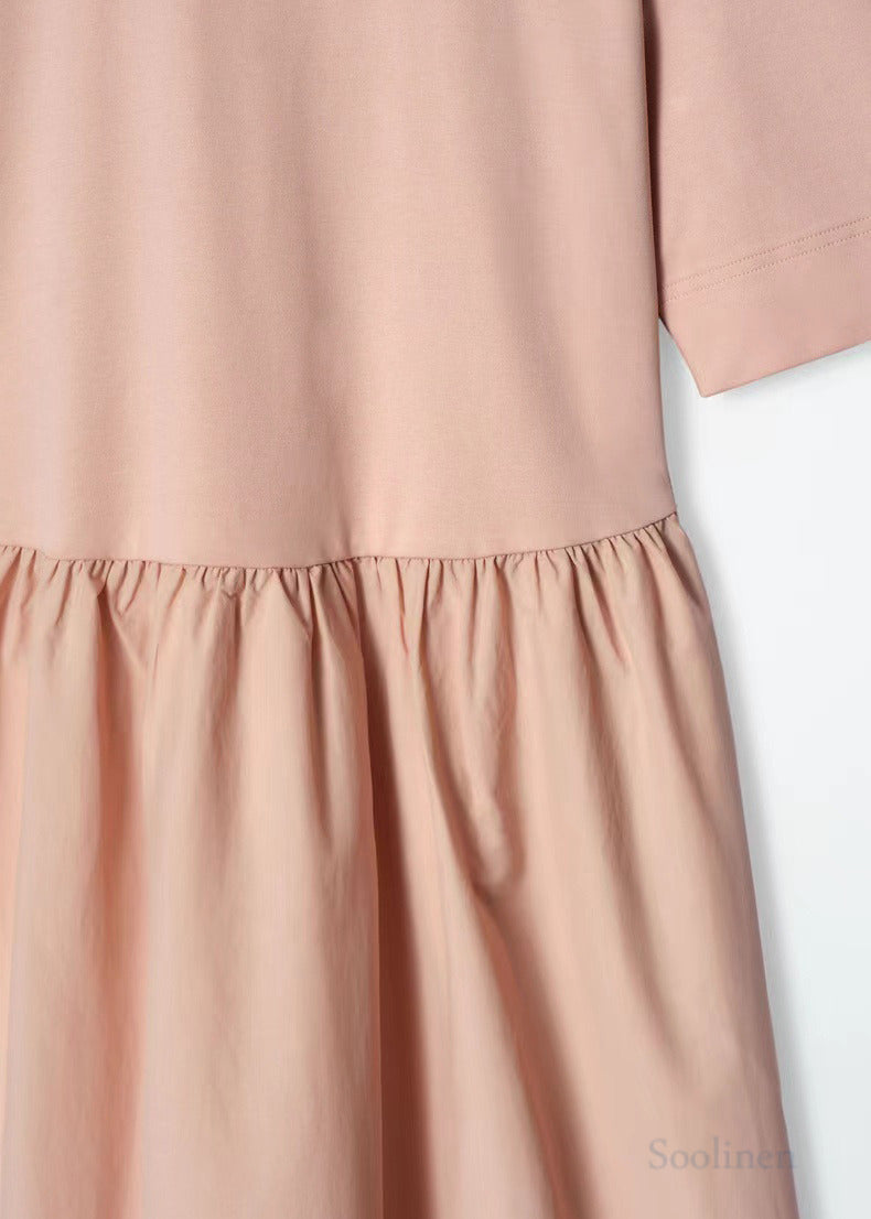 Simple Pink Silm Fit Cotton a Line Dress Summer