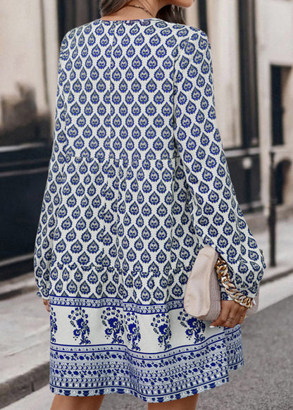 Blue Print Lace Up Chiffon Mid Dresses Fall
