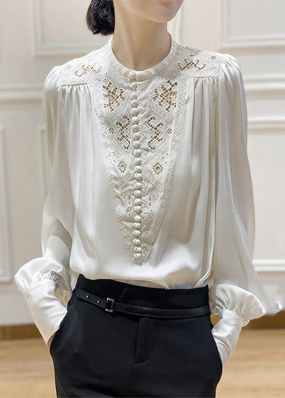 White O-neck Embroidered Silk Shirt Long Sleeve