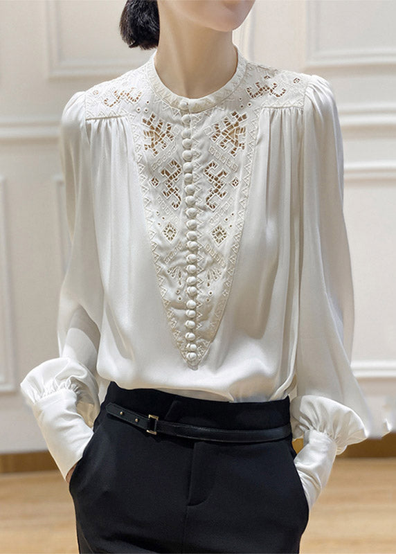 White O-neck Embroidered Silk Shirt Long Sleeve