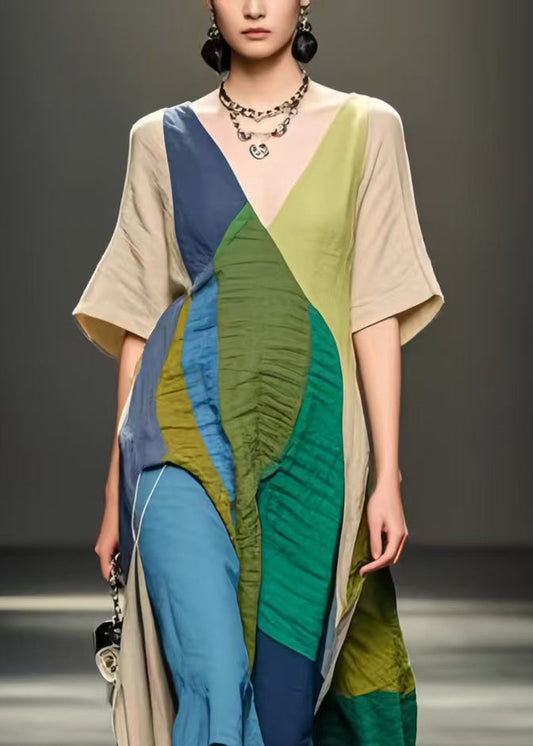 Colorblock Asymmetrical Design Wrinkled Cotton Dresses Summer
