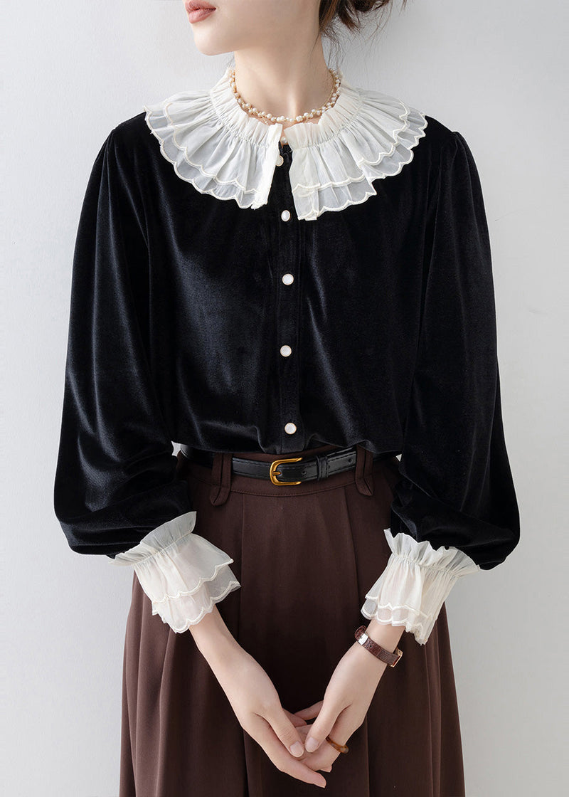 Art Black Ruffled Patchwork Silk Velour Blouse Tops Spring