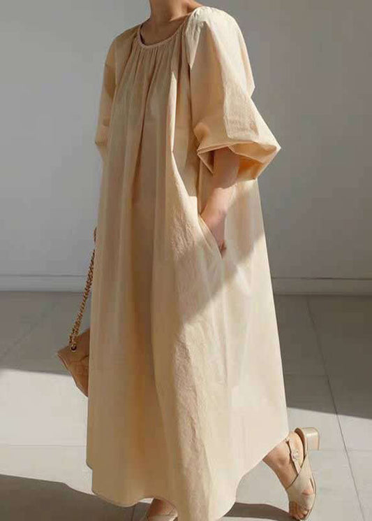 Simple Beige Cotton Pockets Holiday Dress Spring