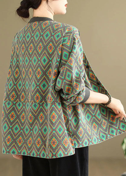 Green O Neck Pockets Print Denim Coat Spring
