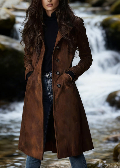 Dark Brown Peter Pan Collar Pockets Faux Suede Coat Spring