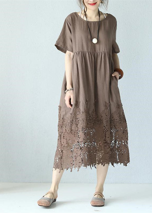 Khaki Linen Maxi Dress Loose Fitting O Neck Traveling Dress Short Sleeve Baggy Dresses