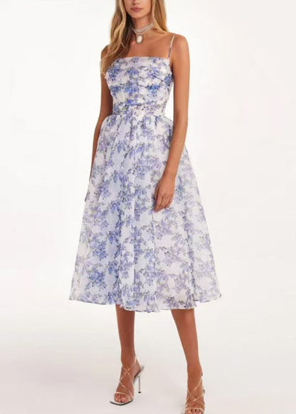 Boutique Blue Print Chiffon Spaghetti Strap Dress Summer