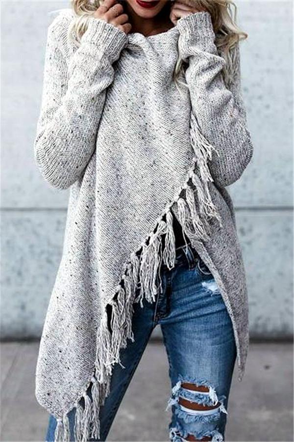 Tassel Asymmetrical Hem Shawl Speckled Fringe Cardigan - Green