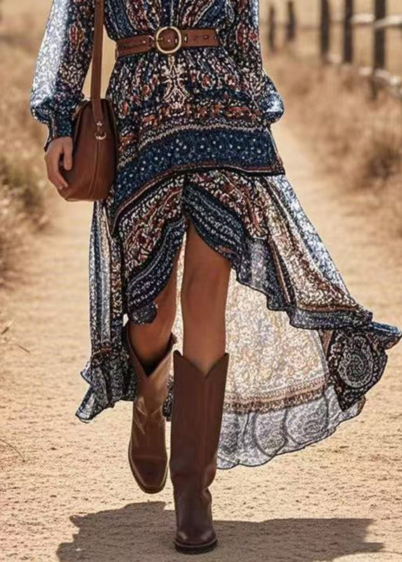 Navy Print Low High Design Vacation Long Dresses Lantern Sleeve