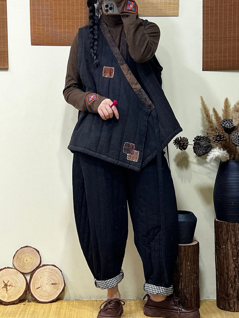 Winter Style Patch Loose Belt V-neck Vest