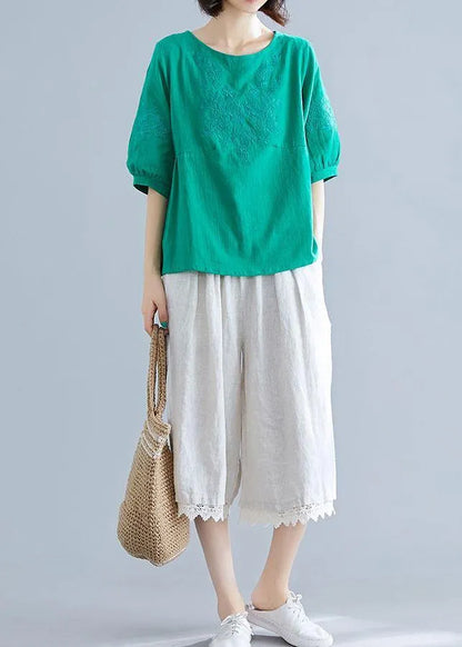 Natural O Neck Embroidery Cotton Clothes Outfits Green Blouses Summer