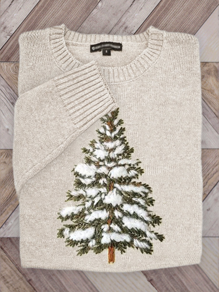 Snow On Christmas Tree Embroidered Cozy Knit Sweater artswardrobe