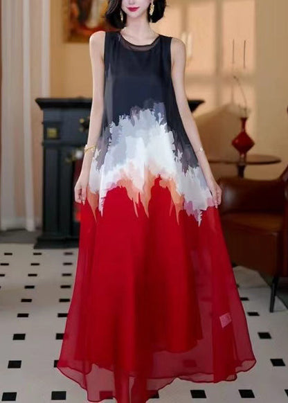 Red Oversized Tie Dye Chiffon a Line Dress Sleeveless
