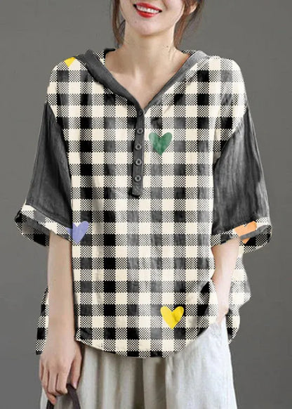 Khaki Hooded Patchwork Summer Linen Blouses