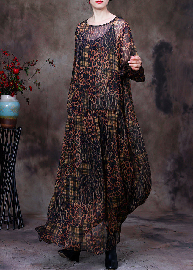 Organic Coffee O-neck Print Maxi Dress and Suspenders Two Pieces Set Fall